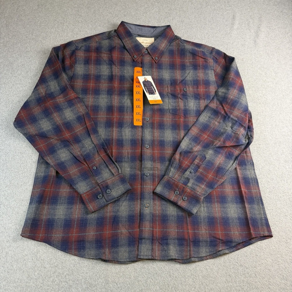 Weatherproof Vintage Mens XXL Red Blue Plaid Flannel Button Down Shirt NWT